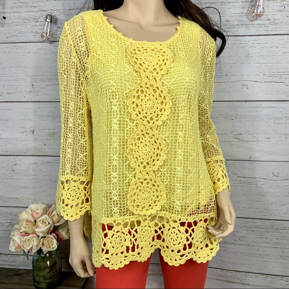 LISA INTERNATIONAL Yellow Crocheted 2-Pc.Top Set